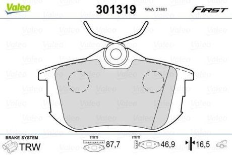 Комплект тормозных колодок, дисковый механизм Valeo 301319 (фото 1)