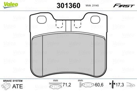 Комплект тормозных колодок, дисковый механизм Valeo 301360