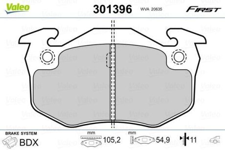 Комплект тормозных колодок, дисковый механизм Valeo 301396