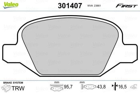 Комплект тормозных колодок, дисковый механизм Valeo 301407