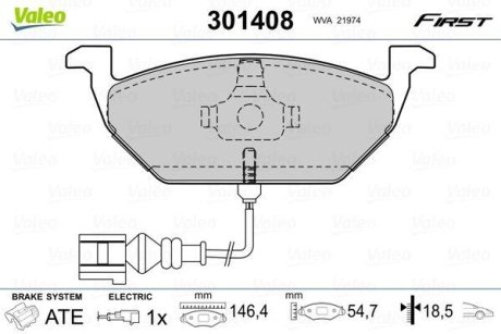 Комплект тормозных колодок, дисковый механизм Valeo 301408