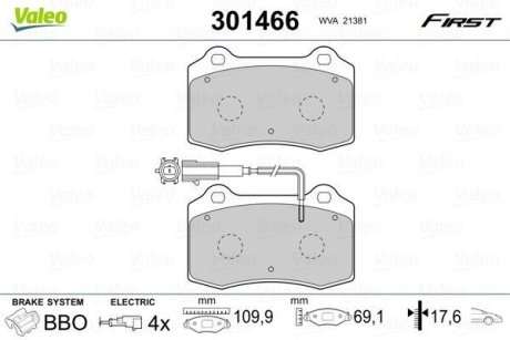 Комплект тормозных колодок, дисковый механизм Valeo 301466 (фото 1)