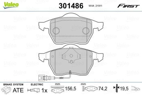 Комплект тормозных колодок, дисковый механизм Valeo 301486