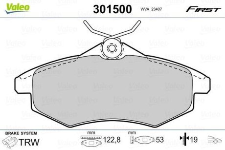 Комплект тормозных колодок, дисковый механизм Valeo 301500