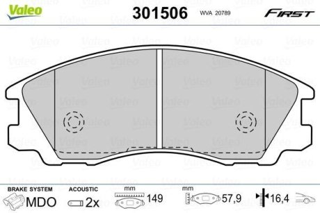 Комплект тормозных колодок, дисковый механизм Valeo 301506