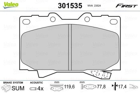 Комплект тормозных колодок, дисковый механизм Valeo 301535