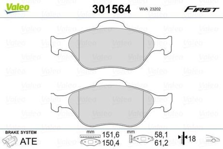 Комплект тормозных колодок, дисковый механизм Valeo 301564