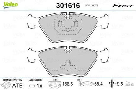 Комплект тормозных колодок, дисковый механизм Valeo 301616 (фото 1)