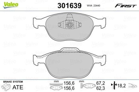 Комплект тормозных колодок, дисковый механизм Valeo 301639