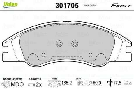 Комплект тормозных колодок, дисковый механизм Valeo 301705 (фото 1)