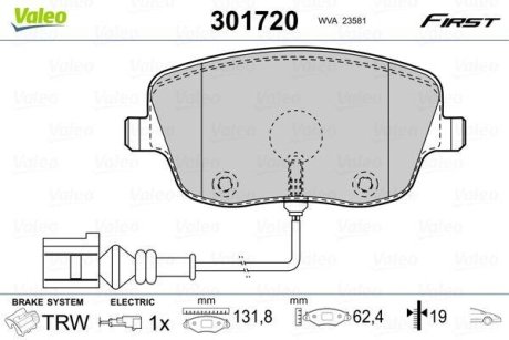 Комплект тормозных колодок, дисковый механизм Valeo 301720