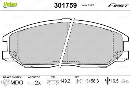 Комплект тормозных колодок, дисковый механизм Valeo 301759