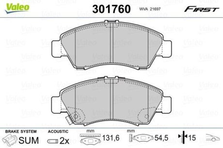 Колодки тормозные передние дисковые Valeo 301760