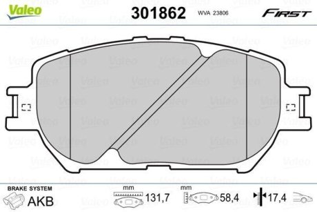 Гальмівні колодки дискові TOYOTA Camry "2,4-3,0 "F "01-06 Valeo 301862 (фото 1)